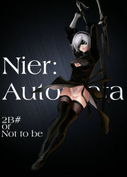 Rule 34 | 1girl, absurdres, arms up, bachsnov, black dress, black footwear, black hairband, boots, breasts, character name, cleavage, cleavage cutout, clothing cutout, copyright name, covered eyes, dress, elbow gloves, english text, facing viewer, full body, gloves, gluteal fold, gradient background, groin, hairband, head tilt, high heel boots, high heels, highres, holding, holding sword, holding weapon, lace, leotard, lips, medium breasts, mole, mole under eye, nier (series), nier:automata, parted lips, short hair, short sleeves, silver hair, solo, sword, thigh boots, thigh gap, thighhighs, upskirt, weapon, white gloves, white leotard, 2b (nier:automata)