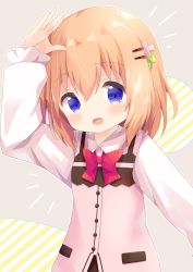 Rule 34 | 1girl, :d, absurdres, arm up, blue eyes, blush, bow, brown background, brown hair, collared shirt, commentary request, diagonal stripes, dress shirt, gochuumon wa usagi desu ka?, hair between eyes, hair ornament, hairclip, highres, hoto cocoa, long sleeves, nakkar, open mouth, outline, pink vest, rabbit house uniform, red bow, shirt, smile, solo, striped, uniform, upper body, vest, waitress, white outline, white shirt