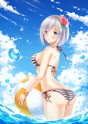 Rule 34 | 10s, 1girl, absurdres, ass, ball, beachball, bikini, blue eyes, blue sky, breasts, butt crack, carrying, cloud, cloudy sky, commentary request, day, diffraction spikes, eyebrows, flower, hair flower, hair ornament, hair over one eye, hairclip, halterneck, hamakaze (kancolle), hibiscus, highres, horizon, kantai collection, looking at viewer, ltt challenger, medium breasts, multi-strapped bikini bottom, ocean, outdoors, partially submerged, revision, scrunchie, short hair, side-tie bikini bottom, sideboob, silver hair, sky, solo, string bikini, striped bikini, striped clothes, swimsuit, water, water drop, wrist scrunchie