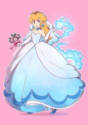 Rule 34 | 1girl, artist name, blonde hair, blue choker, blue dress, blue eyes, blue footwear, blue gemstone, blue veil, bouquet, bow, bridal veil, choker, closed mouth, commentary, crown, cryokinesis, dress, earrings, elbow gloves, english commentary, eyelashes, flower, full body, gem, gloves, gradient clothes, gradient veil, hair between eyes, hand up, high heels, highres, holding, holding bouquet, iceball, jewelry, lips, long hair, looking at viewer, mario (series), mini crown, multicolored clothes, nintendo, outline, pink background, pink bow, pink flower, pink lips, princess peach, red gemstone, saiwo (saiwoproject), shoes, sidelocks, simple background, smile, solo, sparkle, sphere earrings, standing, strapless, strapless dress, the super mario bros. movie, v-shaped eyebrows, veil, white dress, white gloves, white outline, white veil