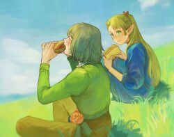 Rule 34 | 2girls, asymmetrical bangs, biting, blonde hair, blue dress, blush, body fur, braid, brown pants, choker, closed eyes, closed mouth, day, dress, dungeon meshi, eating, elf, elsspsleep, facing ahead, falin touden, falin touden (tallman), flower, food, french braid, from side, grass, green eyes, green shirt, hands up, happy, hashtag-only commentary, highres, holding, holding food, knees up, long hair, long sleeves, looking at another, looking to the side, marcille donato, multiple girls, nature, on ground, pants, pink flower, pink rose, pointy ears, ponytail, profile, rose, sandwich, sash, shirt, short hair, sitting, sky, smile