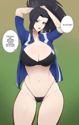 Rule 34 | 1girl, black bra, black eyes, black hair, black panties, boku no hero academia, bra, breasts, cleavage, english text, gluteal fold, green background, groin, jacket, kisou (kisou00), large breasts, looking at viewer, navel, open clothes, open jacket, open mouth, paid reward available, panties, ponytail, solo, speech bubble, stomach, thighs, thong, tying hair, u.a. gym uniform, underwear, yaoyorozu momo
