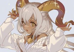 Rule 34 | 1girl, animal ears, arknights, awa iro, bangs, bare shoulders, beeswax (arknights), beeswax (weisser sand) (arknights), cable knit, cardigan, commentary, dark-skinned female, dark skin, goat ears, goat girl, goat horns, gold horns, grey background, hands up, horns, knit sweater, long hair, looking at viewer, official alternate costume, one-hour drawing challenge, sidelocks, simple background, smile, solo, sparkle, sweater, upper body, white cardigan, white hair, white sweater, yellow collar, yellow eyes