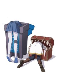 Rule 34 | 2girls, absurdres, ass, black pantyhose, blue archive, blue skirt, boots, brown footwear, crossover, dorok, dress, frieren, grey hair, head out of frame, highres, legs, long hair, mimic, mimic chest, miyu (blue archive), multiple girls, pantyhose, pleated skirt, sharp teeth, shoes, simple background, skirt, sneakers, sousou no frieren, stuck, teeth, trash can, twintails, vore, white background, white dress, white footwear, white pantyhose