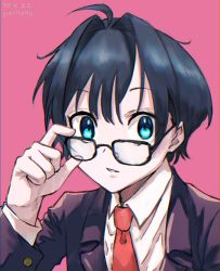 Rule 34 | adjusting eyewear, buttoned cuffs, buttons, hair intakes, hand on eyewear, highres, jacket, non-web source, pink background, self-upload, simple background, suit jacket, surprised, tagme, yuu naay