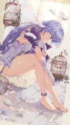 Rule 34 | 1girl, absurdres, aqua eyes, asymmetrical gloves, bare legs, barefoot, bird, birdcage, bracelet, cage, detached sleeves, dress, earrings, facial mark, feathers, gloves, hair between eyes, halo, head wings, highres, holding, holding feather, honkai: star rail, honkai (series), jewelry, long hair, looking at viewer, purple dress, purple hair, purple nails, robin (honkai: star rail), short sleeves, single earring, sitting, solo, thighs, toenails, uneven gloves, white dress, white feathers, white gloves, white wings, wings, ysgv5543