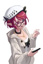 Rule 34 | 1girl, absurdres, black bow, black choker, blue eyes, blush, bow, breasts, cardigan, cellphone, choker, cleavage, dress, embarrassed, glasses, gold necklace, hanho, hat, heterochromia, highres, hololive, hololive english, hooded cardigan, horns, index finger raised, irys (casualrys) (hololive), irys (hololive), jewelry, long sleeves, looking at viewer, medium breasts, multicolored hair, necklace, official alternate costume, open cardigan, open clothes, open mouth, phone, pointy ears, purple-tinted eyewear, purple hair, purple nails, red hair, short hair, simple background, smartphone, solo, tinted eyewear, virtual youtuber, white background, white dress, white hat