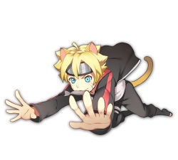 Rule 34 | 1boy, :3, ahoge, animal ears, black footwear, black jacket, black pants, blonde hair, blue eyes, boruto: naruto the movie, cat boy, cat ears, cat tail, facial mark, fish, food in mouth, forehead protector, full body, greetload, hair between eyes, jacket, kemonomimi mode, long sleeves, male focus, mouth hold, naruto, naruto (series), toeless footwear, outstretched arms, palms, pants, paw print, pounce, shoes, simple background, solo, tail, thigh strap, track jacket, uzumaki boruto