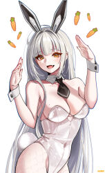 Rule 34 | 1girl, aa2mee, absurdres, animal ears, artist name, blanc (nikke), blush, breasts, carrot, cleavage, collar, facial mark, fang, fishnet pantyhose, fishnets, goddess of victory: nikke, grey hair, heart, heart facial mark, highres, leotard, looking at viewer, medium breasts, necktie, open mouth, orange eyes, pantyhose, playboy bunny, rabbit ears, rabbit tail, skin fang, smile, solo, tail, white background, wrist cuffs