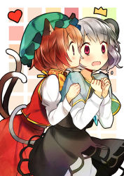 Rule 34 | 2girls, ^^^, animal ears, bow, brown hair, capelet, cat ears, cat girl, cat tail, chen, chinese clothes, dress, fang, female focus, grey hair, hanabana tsubomi, hat, heart, jewelry, licking, mouse ears, multiple girls, multiple tails, nazrin, nekomata, own hands clasped, own hands together, pendant, red eyes, short hair, surprised, tail, touhou, wavy mouth, yuri