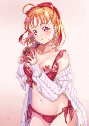 1girl absurdres armpit_crease black_nails blush bow bra breasts brown_background brown_nails cardigan cleavage collarbone commentary_request cowboy_shot earrings gift gluteal_fold hair_bow heart heart_earrings highres holding holding_gift iroenpitsu_xxx jewelry large_breasts lingerie long_sleeves looking_at_viewer love_live! love_live!_sunshine!! medium_hair nail_polish navel orange_hair panties parted_lips red_bow red_bra red_nails red_panties side-tie_panties signature single_off_shoulder sleeves_past_wrists solo takami_chika underwear valentine white_cardigan