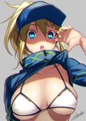 Rule 34 | &gt;:o, 1girl, amamfoy, artoria pendragon (fate), bikini, blonde hair, blue eyes, breasts, chromatic aberration, clothes lift, collarbone, cropped jacket, fate/grand order, fate (series), grey background, hair between eyes, jacket, jacket lift, large breasts, lifting own clothes, long hair, looking at viewer, mysterious heroine x (fate), mysterious heroine xx (fate), ponytail, shrug (clothing), signature, skindentation, solo, swimsuit, upper body, v, v-shaped eyebrows, v over eye, white bikini, zipper