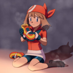 Rule 34 | 1girl, bandana, bike shorts, black gloves, black socks, blue eyes, brown hair, closed mouth, collared shirt, creatures (company), female focus, full body, game freak, gloves, highres, holding, holding shoes, looking at viewer, may (pokemon), miraa (chikurin), nintendo, pokemon, pokemon (anime), pokemon rse (anime), red bandana, red shirt, shirt, shoes, short hair, short sleeves, single shoe, sitting, smile, sneakers, socks, solo, sweat, sweatdrop, thighs, unworn shoes, wariza