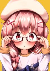 Rule 34 | 10s, 1girl, :o, adjusting eyewear, arms up, beret, blush, bow, comic girls, commentary request, fingernails, glasses, hair bow, hair ornament, hairclip, hat, long hair, long sleeves, looking at viewer, mochiyuki, moeta kaoruko, nail polish, overalls, parted lips, pink bow, pink hair, pink nails, red-framed eyewear, red eyes, shirt, simple background, solo, white hat, white shirt, x hair ornament, yellow background