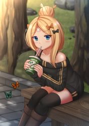 Rule 34 | 1girl, abigail williams (fate), animal, bare shoulders, bench, black bow, black dress, black thighhighs, blonde hair, blue eyes, blurry, blurry background, boots, bow, brown footwear, bug, butterfly, collarbone, commentary request, crossed bandaids, cup, day, depth of field, disposable cup, dress, drinking, drinking straw, fate/grand order, fate (series), fingernails, hair bow, highres, holding, insect, kazenokaze, knee boots, leaning forward, long hair, long sleeves, looking at viewer, off-shoulder dress, off shoulder, on bench, orange bow, outdoors, parted bangs, polka dot, polka dot bow, short dress, sitting, solo, thighhighs, thighhighs under boots, translation request, tree