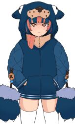 Rule 34 | 1girl, animal hands, animal hood, bear hood, blue hair, blue jacket, closed mouth, commentary, cowboy shot, gloves, hands in pockets, highres, hood, hood up, hooded jacket, jacket, large buttons, long sleeves, looking at viewer, multicolored hair, orange eyes, orange hair, original, paw gloves, post (shake shakepost), solo, symbol-only commentary, thighhighs, two-tone hair, white background, white thighhighs, zettai ryouiki