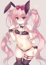 Rule 34 | 1girl, animal ears, black panties, black thighhighs, blush, bow, bow legwear, bow panties, braid, breasts, copyright request, cowboy shot, detached collar, hair bow, hair ribbon, hat, highres, long hair, looking at viewer, navel, panties, pink hair, pink hat, purple eyes, rabbit ears, red bow, ribbon, simple background, skindentation, small breasts, solo, spoken blush, suzunone rena, thigh strap, thighhighs, twintails, underwear, very long hair