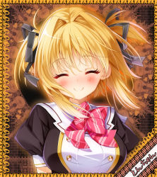 Rule 34 | 1girl, ^ ^, absurdres, black dress, black ribbon, blonde hair, blush, bow, breasts, closed eyes, closed mouth, commentary request, copyright request, diagonal stripes, dress, facing viewer, guitar, hair between eyes, hair intakes, hair ribbon, head tilt, highres, instrument, long hair, medium breasts, multicolored hair, pink bow, puffy short sleeves, puffy sleeves, ribbon, short sleeves, sidelocks, smile, solo, striped, striped bow, tonchan, translation request, two-tone hair, upper body