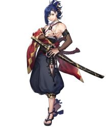 Rule 34 | 1boy, bare shoulders, blue hair, fire emblem, fire emblem engage, fire emblem heroes, h, hair ornament, hair over one eye, hair up, hairclip, highres, holding, holding sheath, holding sword, holding weapon, japanese clothes, kagetsu (fire emblem), katana, looking at viewer, nintendo, non-web source, official art, sandals, sheath, smile, solo, sword, tachi-e, weapon