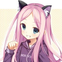Rule 34 | 1girl, animal ear fluff, animal ears, beige background, black hairband, blue eyes, blush, cafe stella to shinigami no chou, cariboy, cat ears, clothes writing, fake animal ears, forehead, grin, hairband, hand up, hood, hood down, hoodie, long hair, long sleeves, looking at viewer, parted bangs, pink hair, polka dot, polka dot background, purple hoodie, shioyama suzune, sleeves past wrists, smile, solo, two-tone background, white background