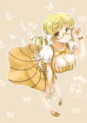Rule 34 | 10s, 1girl, adjusting eyewear, alternate costume, bent over, bespectacled, blonde hair, bow, breasts, brown eyes, casual, charlotte (madoka magica), cleavage, collarbone, dress, drill hair, glasses, hair bow, highres, large breasts, leaning forward, mahou shoujo madoka magica, mahou shoujo madoka magica (anime), okitakung, pigeon-toed, pyotr (madoka magica), ribbon, sandals, smile, solo, tomoe mami, twin drills, twintails, watch, wristwatch, yellow-framed eyewear
