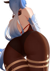 Rule 34 | 1girl, absurdres, ahoge, ass, ass focus, backless outfit, bare shoulders, black pantyhose, blue hair, bodysuit, detached sleeves, from behind, from below, ganyu (genshin impact), genshin impact, highres, horns, huge ass, laichange, leotard, long hair, pantyhose, simple background, skin tight, solo, very long hair, waist cape, white background, wide hips