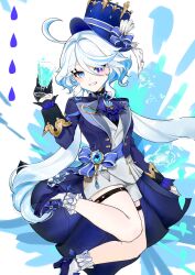 Rule 34 | 1girl, absurdres, ahoge, ascot, black footwear, black gloves, blue ascot, blue eyes, blue hair, blue hat, blue jacket, blue sash, brooch, commentary request, cup, drinking glass, furina (genshin impact), genshin impact, gloves, grin, hand up, hat, high heels, highres, holding, holding cup, jacket, jewelry, jingying, long sleeves, looking at viewer, multicolored hair, sash, shirt, short shorts, shorts, smile, socks, solo, streaked hair, thigh strap, thighs, top hat, white hair, white shirt, white shorts, white socks