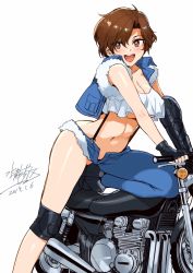 Rule 34 | 1girl, ankle boots, asymmetrical clothes, bare shoulders, blue eyes, blush, boots, breasts, brown eyes, brown hair, cleavage, commentary request, daichi yuuko, dated, denim, fingerless gloves, fur trim, gauntlets, gloves, guardian recall, highres, jacket, knee pads, large breasts, looking at viewer, midriff, mizuryu kei, motor vehicle, motorcycle, navel, open fly, open mouth, ribbon, short hair, signature, single pantsleg, smile, solo, standing, suspenders, white background