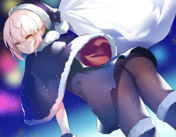 Rule 34 | &gt;:(, 1girl, artoria pendragon (all), artoria pendragon (fate), ass, aurora, black pantyhose, blonde hair, bobblehat, capelet, closed mouth, commentary request, dress, fate/grand order, fate (series), from behind, fur-trimmed capelet, fur-trimmed headwear, fur trim, gloves, hat, highres, leaning forward, looking at viewer, pantyhose, purple capelet, purple dress, purple gloves, purple hat, sack, santa alter, santa hat, short dress, short hair, sidelocks, sky, solo, tsukise miwa, yellow eyes