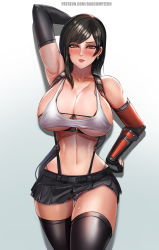 Rule 34 | 1girl, adapted costume, armpits, badcompzero, bikini, bikini top only, bikini under clothes, black bra, black gloves, black hair, blue eyes, blush, bra, breasts, brown eyes, cleavage, commentary request, elbow gloves, final fantasy, final fantasy vii, gloves, gradient background, grey background, hand on own hip, highres, long hair, micro bikini, microskirt, midriff, navel, panties, pantyshot, parted lips, skindentation, skirt, smile, solo, standing, suspender skirt, suspenders, sweat, swimsuit, thighhighs, thighs, tifa lockhart, underwear, white background, white panties