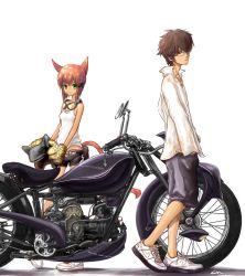 Rule 34 | 1boy, 1girl, animal ears, animal hands, brown hair, cross, full body, glasses, goggles, green eyes, hand in pocket, helmet, lin+, motor vehicle, motorcycle, nike (company), red hair, shoes, shorts, simple background, sneakers, standing, tail, vehicle, white background, yellow eyes