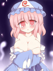 Rule 34 | 1girl, bare shoulders, blush, breast hold, breasts, cleavage, female focus, gradient background, hat, japanese clothes, large breasts, nipple slip, nipples, pink eyes, pink hair, ry (yagoyago), saigyouji yuyuko, short hair, solo, touhou