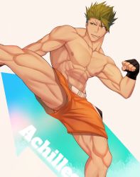 Rule 34 | 1boy, abs, achilles (fate), alternate pectoral size, bara, bare pectorals, black gloves, clenched hand, fate/apocrypha, fate/grand order, fate (series), feet out of frame, fighting stance, fingerless gloves, gloves, green hair, highres, kicking, large pectorals, leg up, male focus, mma gloves, muscular, navel, nipples, official alternate costume, pectorals, short hair, shorts, solo, spiked hair, standing, standing on one leg, suzuoni, thick thighs, thighs, yellow eyes