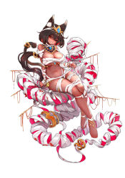 Rule 34 | 1girl, absurdres, animal ear fluff, animal ears, anklet, bandages, bandages, bangle, barefoot, bracelet, breasts, bright pupils, brown hair, cat ears, cat tail, dark-skinned female, dark skin, detached collar, egyptian clothes, fenebeth (illusion connect), full body, grin, hair between eyes, headpiece, highres, illusion connect, jewelry, kiyomasa ren, large breasts, long hair, looking at viewer, low ponytail, mengjing lianjie, mole, mole under eye, nail polish, naked bandage, navel, red eyes, shaded face, simple background, sitting, slit pupils, smile, solo, tail, toenail polish, toenails, very long hair, white background