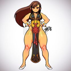 Rule 34 | 1girl, alternate costume, bare arms, bare legs, bare shoulders, black dress, bracelet, breasts, brown eyes, brown hair, capcom, china dress, chinese clothes, chun-li, cleavage, curvy, dress, female focus, jewelry, large breasts, loincloth, long hair, robaato, shiny skin, sleeveless, smile, solo, spiked bracelet, spikes, standing, street fighter, street fighter v, thick thighs, thighs, white background