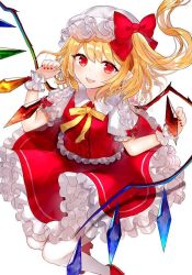 Rule 34 | 1girl, arms up, blush, breasts, center frills, commentary request, crystal, fangs, flandre scarlet, floating, floating hair, frilled skirt, frills, hair ribbon, hat, mary janes, mob cap, nail polish, open mouth, pantyhose, pointy ears, puffy short sleeves, puffy sleeves, red eyes, red footwear, red nails, red ribbon, red skirt, red vest, ribbon, sakizaki saki-p, shirt, shoes, short hair, short sleeves, sidelocks, simple background, skirt, small breasts, solo, tights day, touhou, tress ribbon, vest, white background, white pantyhose, white shirt, wings, wrist cuffs, yellow neckwear, yellow ribbon