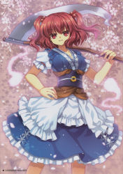 Rule 34 | 1girl, absurdres, blue dress, capura lin, coin, dress, floral background, floral print, frills, hair bobbles, hair ornament, highres, hitodama, looking at viewer, obi, onozuka komachi, petals, puffy sleeves, red eyes, red hair, ribbon, sash, scan, scythe, short hair, short sleeves, smile, solo, touhou, twintails, two side up