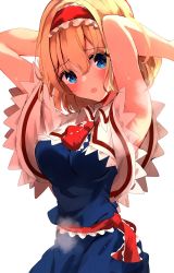 Rule 34 | 1girl, alice margatroid, armpits, arms behind head, arms up, bare shoulders, blonde hair, blue dress, blue eyes, blush, breasts, capelet, collared capelet, dress, embarrassed, hair between eyes, hairband, highres, lolita hairband, looking at viewer, medium breasts, medium hair, red neckwear, shangurira, simple background, sleeveless, sleeveless dress, solo, surprised, touhou, white background, white capelet