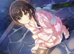 Rule 34 | 1girl, blush, braid, brown eyes, brown hair, closed mouth, dutch angle, fireworks, floral print, grass, hair ornament, holding, japanese clothes, kimono, long hair, looking at viewer, looking up, night, obi, original, outdoors, pink kimono, plant, sandals, sash, smile, solo, sparkler, squatting, tan (tangent), zouri