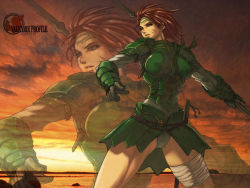 Rule 34 | 1girl, aelia, arm guards, armor, bandaged leg, bandages, blood, boobplate, breastplate, brown gloves, brown hair, copyright name, expressionless, gloves, green eyes, holding, holding weapon, lance, parted lips, polearm, red hair, short hair, shoulder pads, solo, spear, standing, sunlight, sunset, thighs, tiara, valkyrie profile (series), weapon, zoom layer