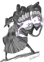 Rule 34 | 10s, 1girl, abyssal ship, ancient destroyer oni, bad id, bad twitter id, black footwear, black hair, black pantyhose, boots, breasts, closed mouth, colored skin, drill hair, ebifurya, female focus, frown, full body, glowing, glowing eyes, hakama, hakama skirt, highres, inactive account, japanese clothes, kantai collection, kimono, looking at viewer, meiji schoolgirl uniform, monochrome, no shoes, pantyhose, purple eyes, simple background, skirt, small breasts, solo, spot color, standing, teeth, thigh boots, thighhighs, twitter username, white background, white skin, wide sleeves