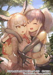 Rule 34 | 2girls, :d, ^ ^, african elephant (kemono friends), animal ears, bare shoulders, breasts, cheek-to-cheek, closed eyes, commentary request, company name, copyright notice, crop top, cropped shirt, day, elbow gloves, elephant ears, extra ears, glomp, gloves, head wings, heads together, hug, jacket, kemono friends, kemono friends 3, koruse, long hair, long sleeves, looking at another, medium hair, midriff, multicolored hair, multiple girls, navel, necktie, official art, one eye closed, open mouth, outdoors, outstretched arms, outstretched hand, pink hair, purple hair, scarf, shirt, shorts, sidelocks, skirt, sleeveless, sleeveless shirt, smile, spread fingers, stomach, tail, two-tone hair, white hair, wings, yellow eyes, |d
