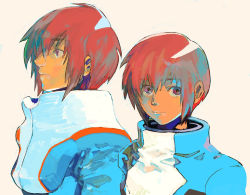 Rule 34 | 00s, 1boy, beige background, closed mouth, gundam, gundam seed, high collar, kira yamato, looking at viewer, looking away, male focus, multiple views, profile, purple eyes, red eyes, red hair, turtleneck, upper body