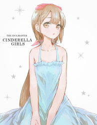 Rule 34 | 1girl, :o, bare arms, bare shoulders, blue dress, bow, brown eyes, brown hair, dress, e sky rugo, hair bow, hair ornament, hairclip, idolmaster, idolmaster cinderella girls, long hair, looking at viewer, low ponytail, parted lips, red bow, solo, sundress, very long hair, white background, yorita yoshino
