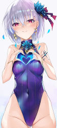 Rule 34 | 1girl, bare shoulders, blue one-piece swimsuit, blush, body markings, bracelet, breasts, covered navel, curvy, earrings, fate/grand order, fate (series), flower, hair flower, hair ornament, hair ribbon, heart, heart hands, highleg, highleg swimsuit, inoue takuya (tactactak), jewelry, kama (fate), kama (swimsuit avenger) (fate), long hair, looking at viewer, lotus, one-piece swimsuit, red eyes, ribbon, short hair, small breasts, smile, solo, star (symbol), star earrings, swimsuit, thighs, turtleneck, turtleneck one-piece swimsuit, very long hair, white hair, wide hips