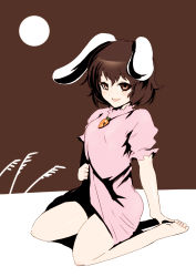 Rule 34 | 1girl, :p, animal ears, bad id, bad pixiv id, bare legs, barefoot, black hair, brown eyes, carrot, female focus, full body, highres, inaba tewi, looking at viewer, naughty face, necktie, rabbit ears, short hair, simple background, sitting, solo, sonjow4, tongue, tongue out, touhou, wariza
