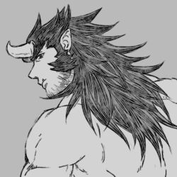 Rule 34 | 1boy, alternate hair length, alternate hairstyle, alternate horns, bara, beard, demon boy, demon horns, facial hair, from behind, greyscale, horns, long hair, long sideburns, looking at viewer, looking back, lowres, male focus, mature male, monochrome, mugi (pixiv 187163), muscular, muscular male, mutton chops, nude, sideburns, solo, spiked hair, stubble, takemaru (housamo), thick eyebrows, tokyo houkago summoners, upper body