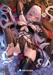 1girl absurdres albino arm_behind_head arm_up artist_name barefoot black_gloves black_thighhighs blue_eyes blush breasts character_request covered_navel demon_girl demon_tail elbow_gloves feet fine_fabric_emphasis flower foot_out_of_frame from_above gloves hair_flower hair_ornament hair_over_one_eye hair_spread_out hand_up heterochromia highres indie_virtual_youtuber jewelry knee_up large_breasts long_hair looking_at_viewer lying meion nail_polish no_shoes on_back red_eyes revealing_clothes smile solo stirrup_legwear tail thigh_strap thighhighs toe_ring toeless_legwear toes veil very_long_hair virtual_youtuber white_hair