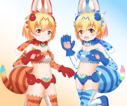 Rule 34 | 2girls, :d, animal ear fluff, animal ears, animal hands, bare shoulders, blonde hair, blue background, blue footwear, blue gloves, blue sleeves, blue thighhighs, blush, breasts, brown background, brown eyes, brown legwear, brown sleeves, cleavage, closed mouth, commentary request, crop top, detached sleeves, fang, fang out, fangs, gloves, gradient background, hair between eyes, hair ornament, highres, kemono friends, long sleeves, looking at viewer, medium breasts, multiple girls, navel, open mouth, paw gloves, red gloves, shin01571, shiserval lefty, shiserval right, shoes, smile, standing, standing on one leg, strapless, striped tail, tail, thighhighs, v-shaped eyebrows, white background