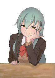 Rule 34 | 1girl, absurdres, aqua hair, brown jacket, cardigan, commentary request, hair ornament, hairclip, hand on own face, highres, jacket, kantai collection, kirchoff, long hair, red neckwear, school uniform, simple background, smile, solo, suzuya (kancolle), suzuya kai ni (kancolle), upper body, white background, yellow eyes